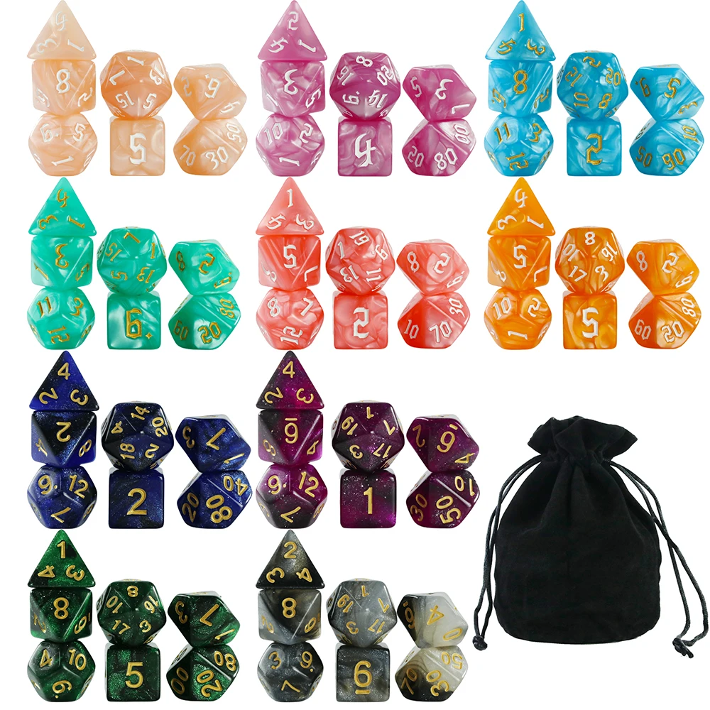 

10 компл. (70 шт.) многогранные игральные кости с черной сумкой, высококачественные кости для настольной игры для ролевой игры DND