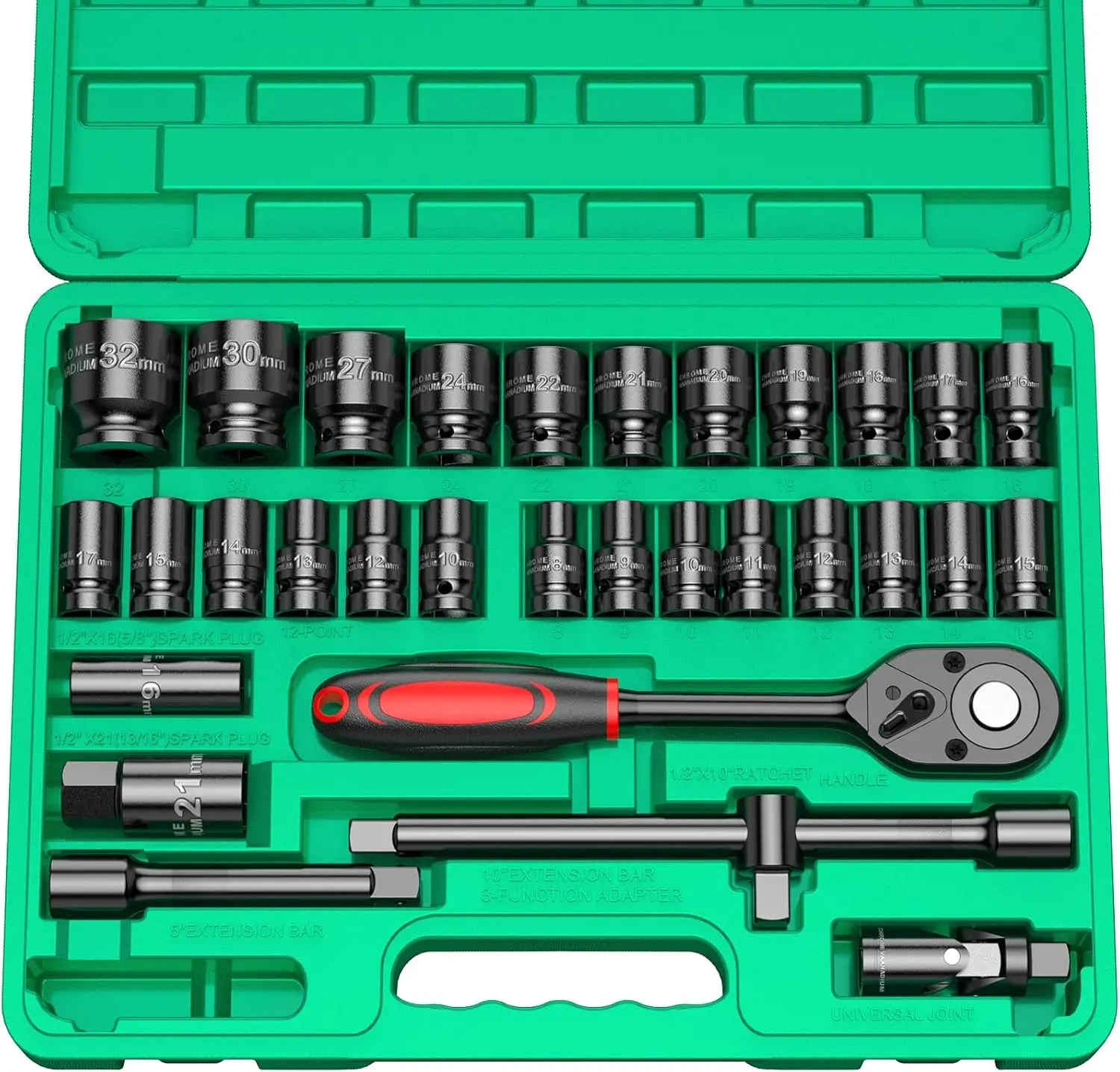 

Набор ударных головок с приводом 1/2 дюйма, 32-комплектная сталь CR-V, SAE и метрическая 8–32 мм, комплект головок с 24 зубьями для автомобиля, грузовика, дома, косилки
