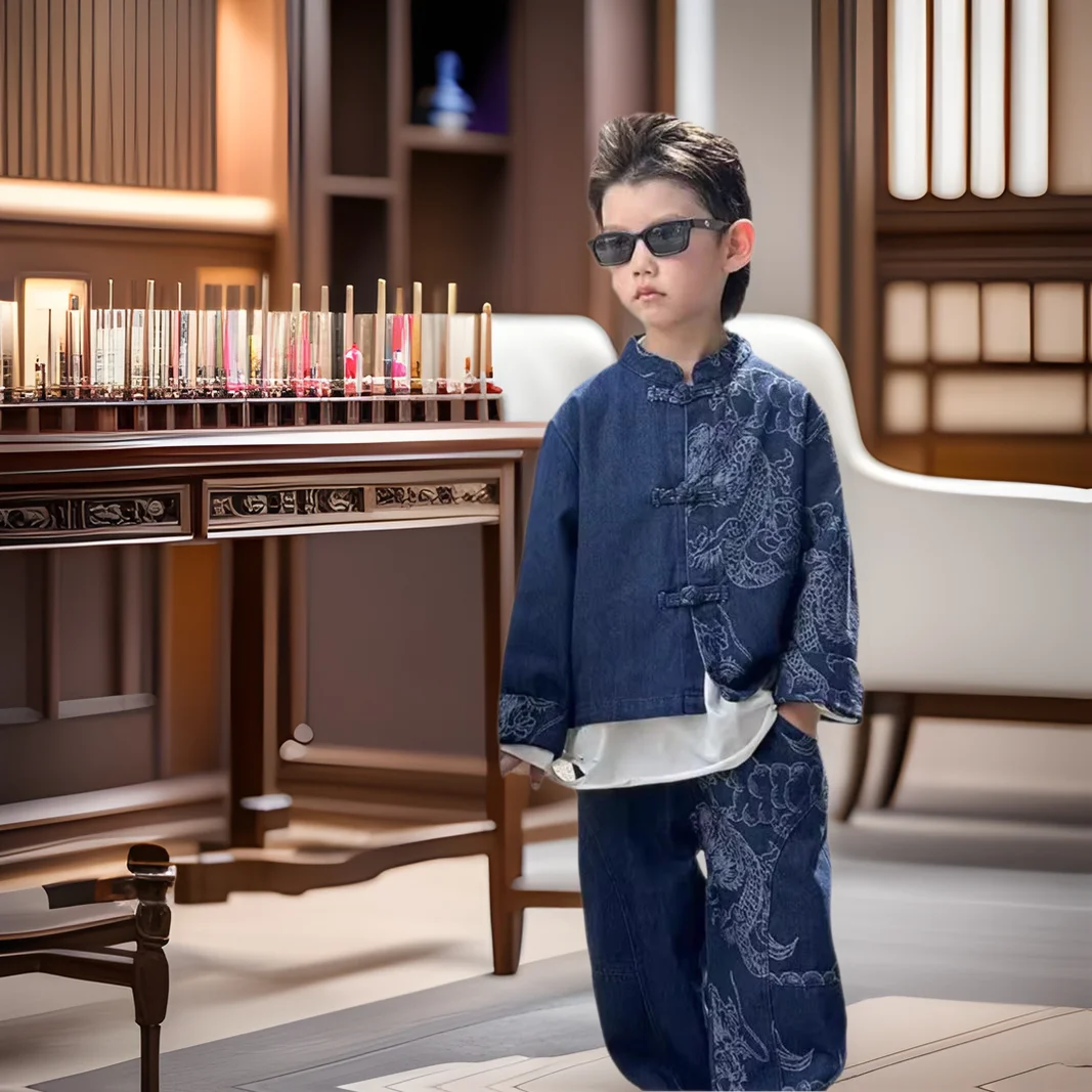 

2025 Autumn New Suit Children's New Chinese Style Soft Denim Jacket Dragon Pattern Tang Outfit Vintage Two-Piece Set