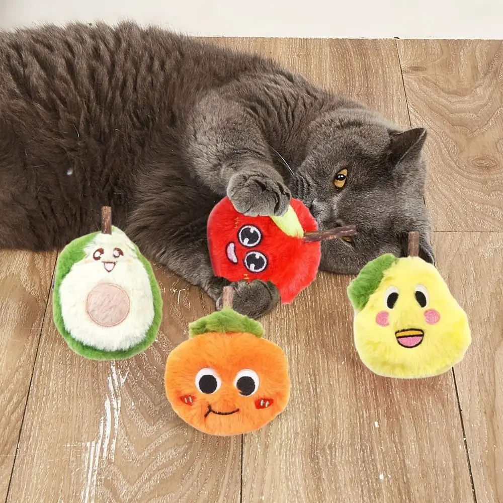 

4Pcs Fruit Shape Cat Chewing Toy Simulation Plush Cat Teasing Toys Bite Resistant Teeth Grinding Toy Relieve Boredom