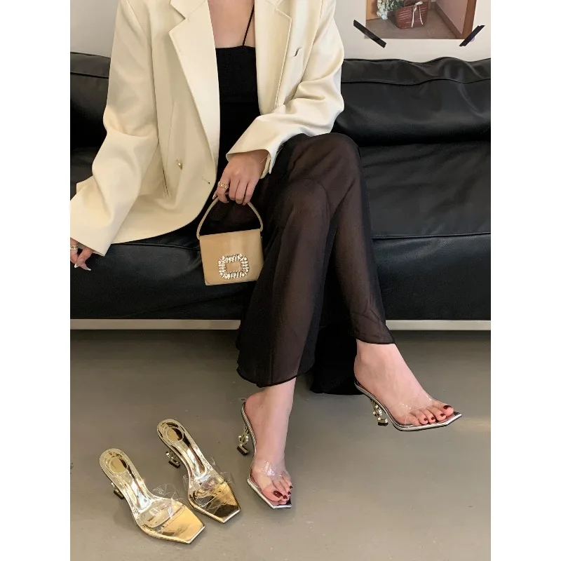 New Women's Fashion Versatile 9 Cm Special-shaped Heel High-heeled Sandals Transparent Glass Glue and Cool Slippers Size 35-41