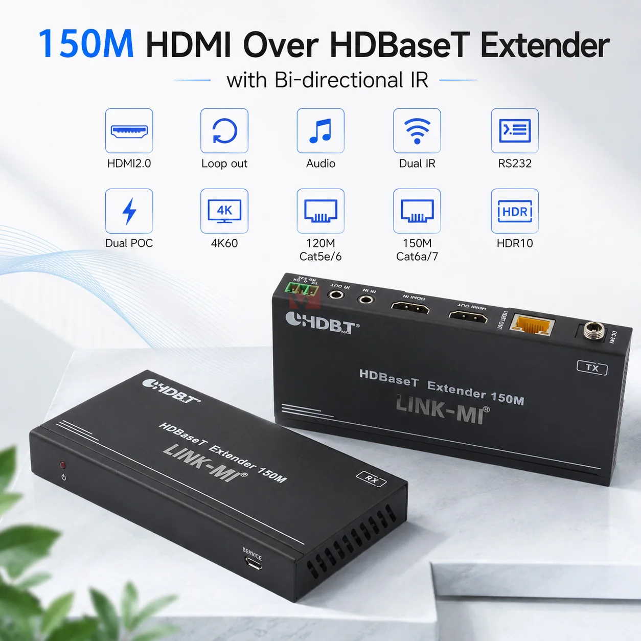 HDMI Extender 4K60Hz 18Gbps HDBaseT Transmitter Receiver HDMI Over CAT6 Extender 150M IR RS232 Loop Out PoC HDR