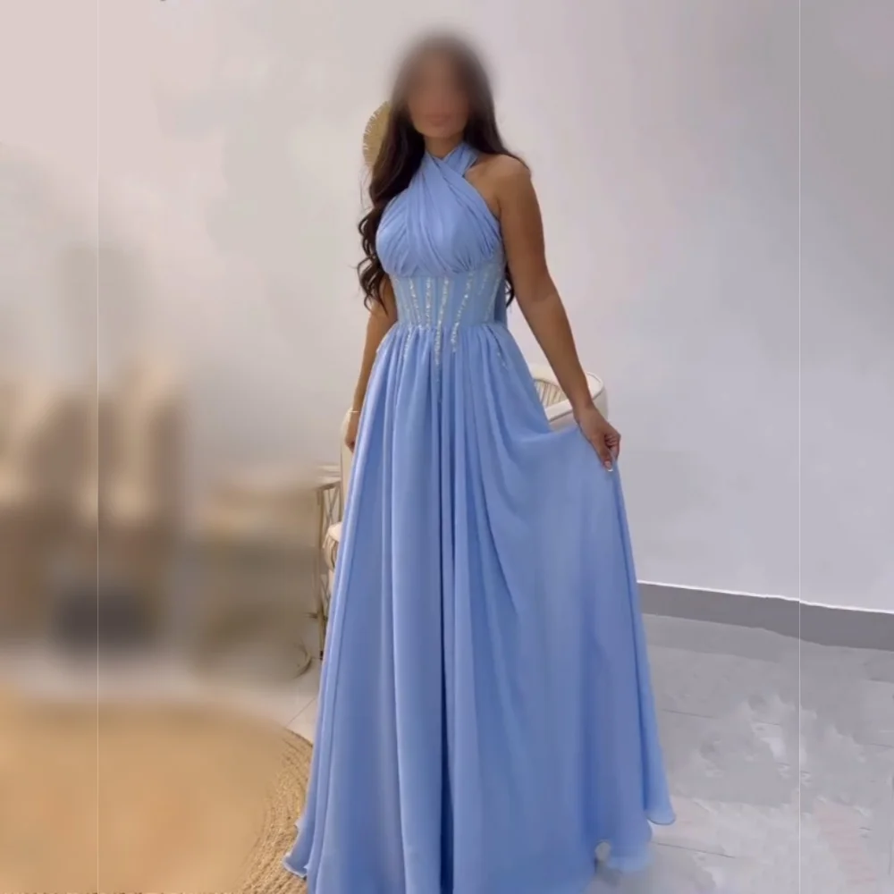 

Customized Criss-Cross Halter Pleat Sequined A-line Long Dresses Formal Evening Dress Bespoke Occasion Prom Party Glitter