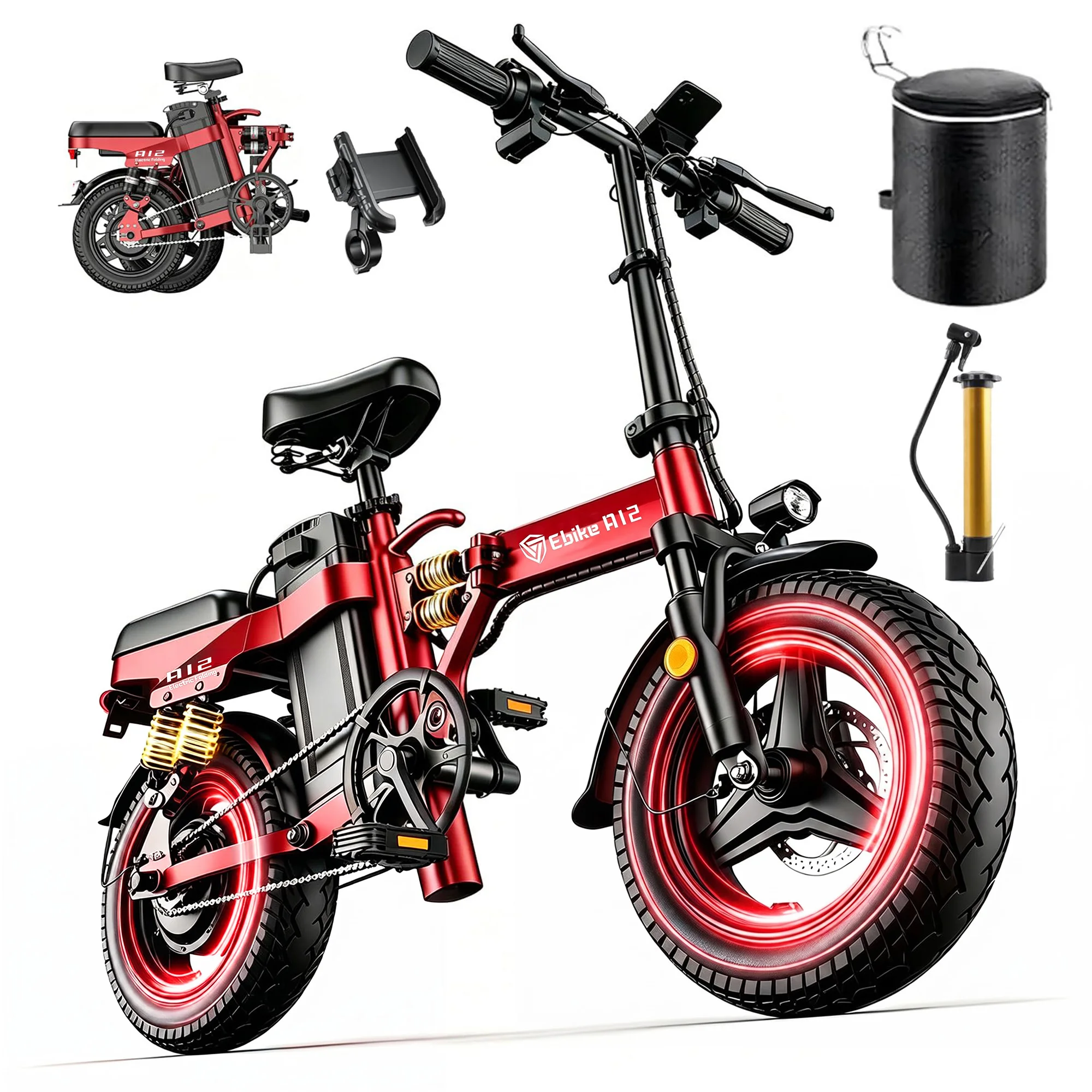 DTTZH A12 Folding Electric Bike for Adults, 14" Commuter E-Bike, 1000W Peak Motor, 48V 15Ah Removable Battery, 60 Miles Range, Remote Start, UL 2849 Certified image 1