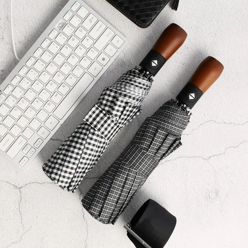 10 Bone Wooden Handle Fully Automatic Umbrella Creative Sunshade Folding Windproof Rainproof Advertising Checkered Umbrella