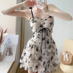 New One Piece Swimsuit Women Sexy Skirt-Style Sling Print Bandage Swimwear Backless Slimming Beach Back Strap Bathing Suit Women