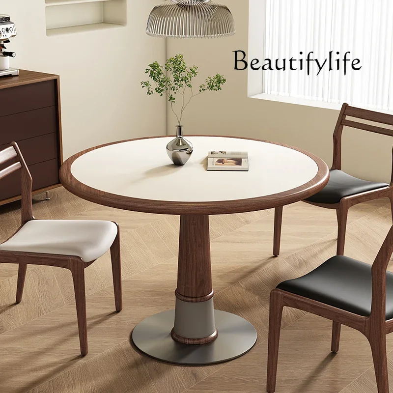 D29 Solid Wood Embedded Rock Slab Round Table Retro Medium And Ancient Style Small Apartment Leisure Table Walnut Color Dining T