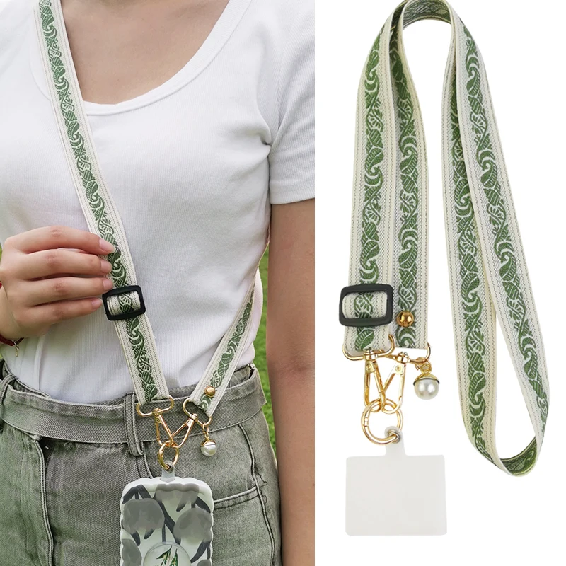 Mobile Phone Lanyard Long Crossbody Lanyard Adjustable Shoulder Strap with Tree Leaf Pattern Pearl Pendant Adjustable Neck Sling