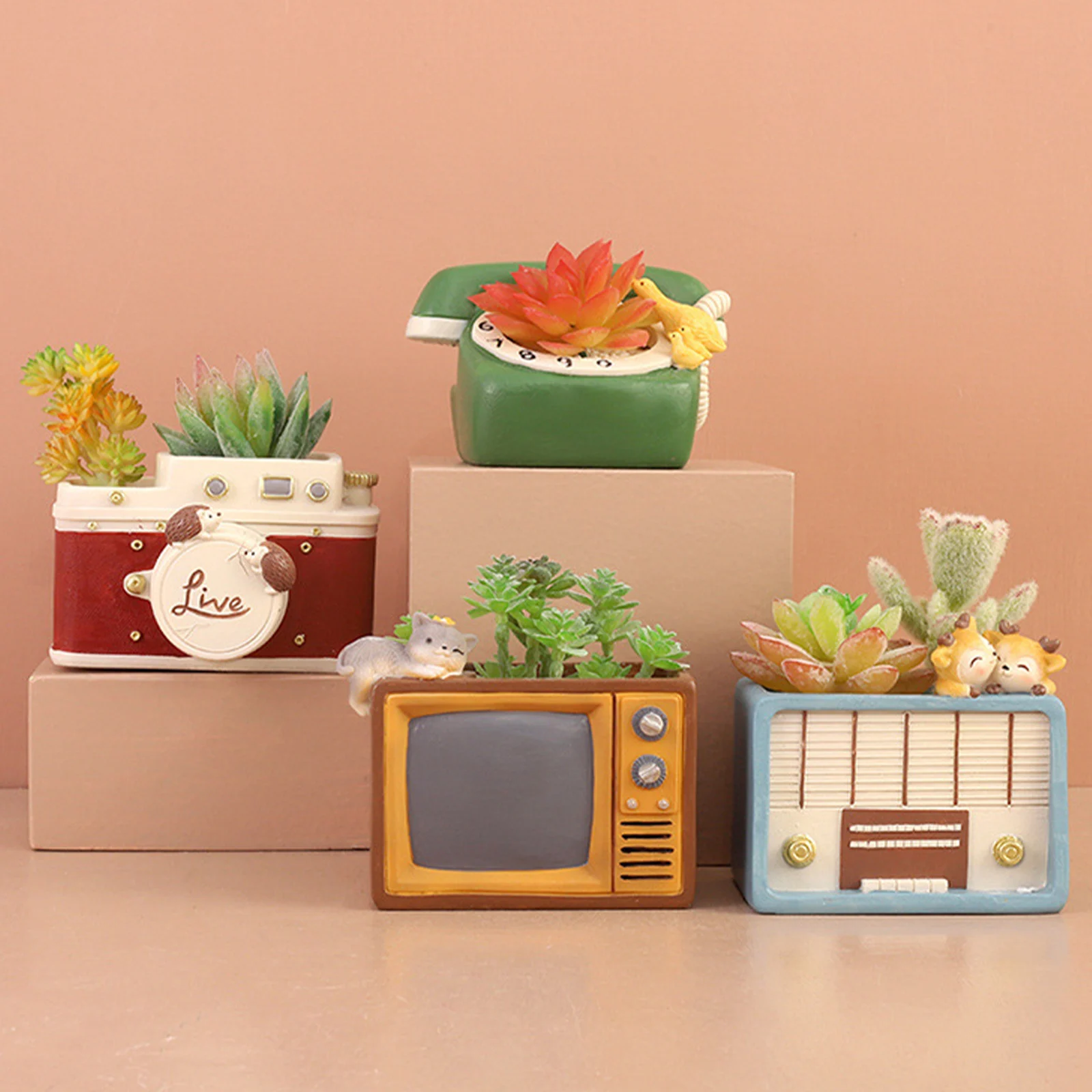 

Pot Flowerpot Telephone Home TV Desktop Potting Containers Retro Radio Shape Resin Creative TV Gardening Supplies