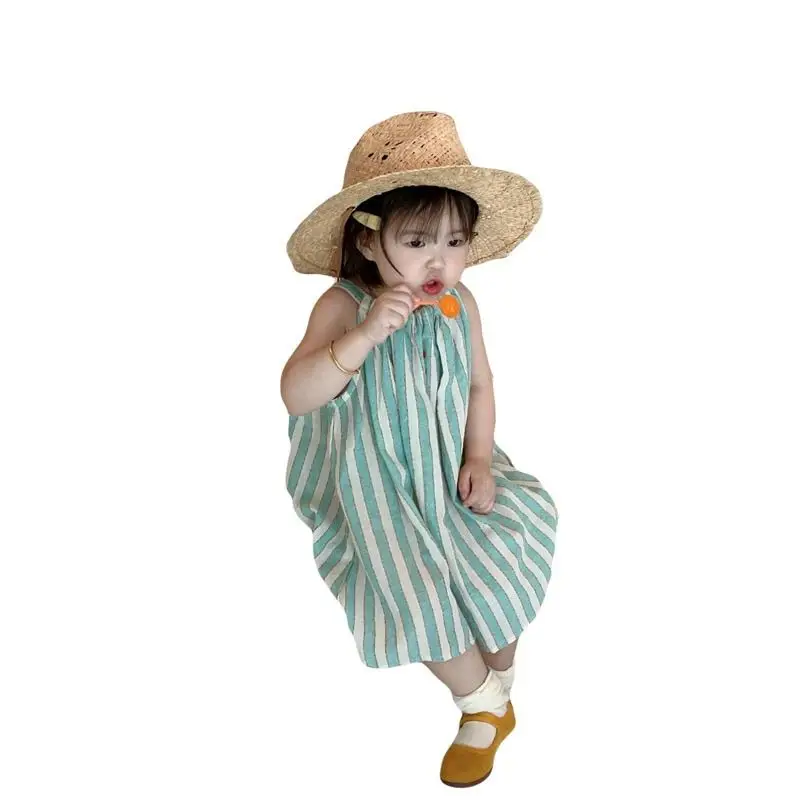 Childrens Clothing Girls Dress 2025 Summer New Style Childrens Small Fresh Color Blocked Striped Hanging Neck Skirt