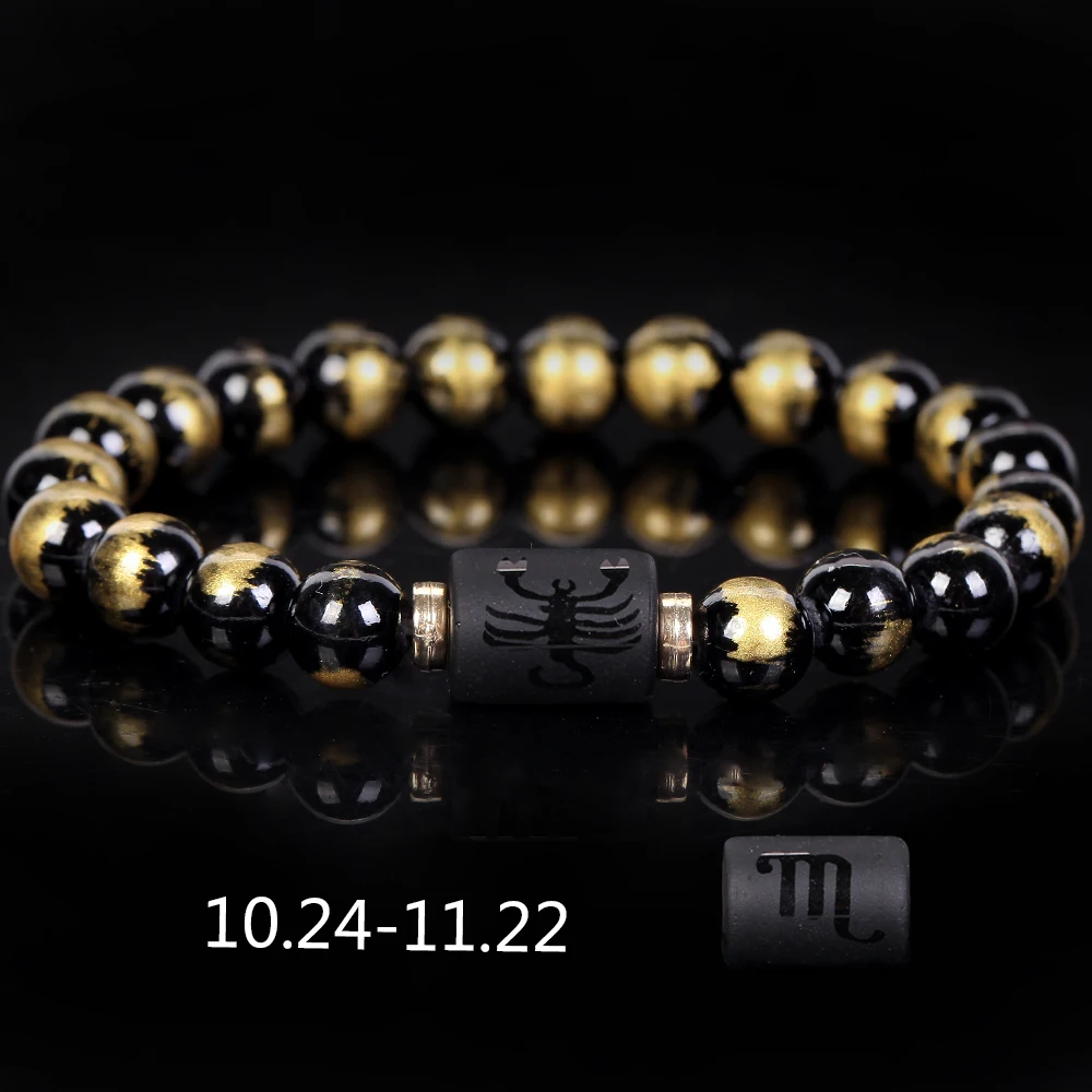 Natural Stone Constellation Couple Bracelet Black Gold Color Jade Spacer Beads Jewelry Gift For Man Women Elastic Rope 8 MM