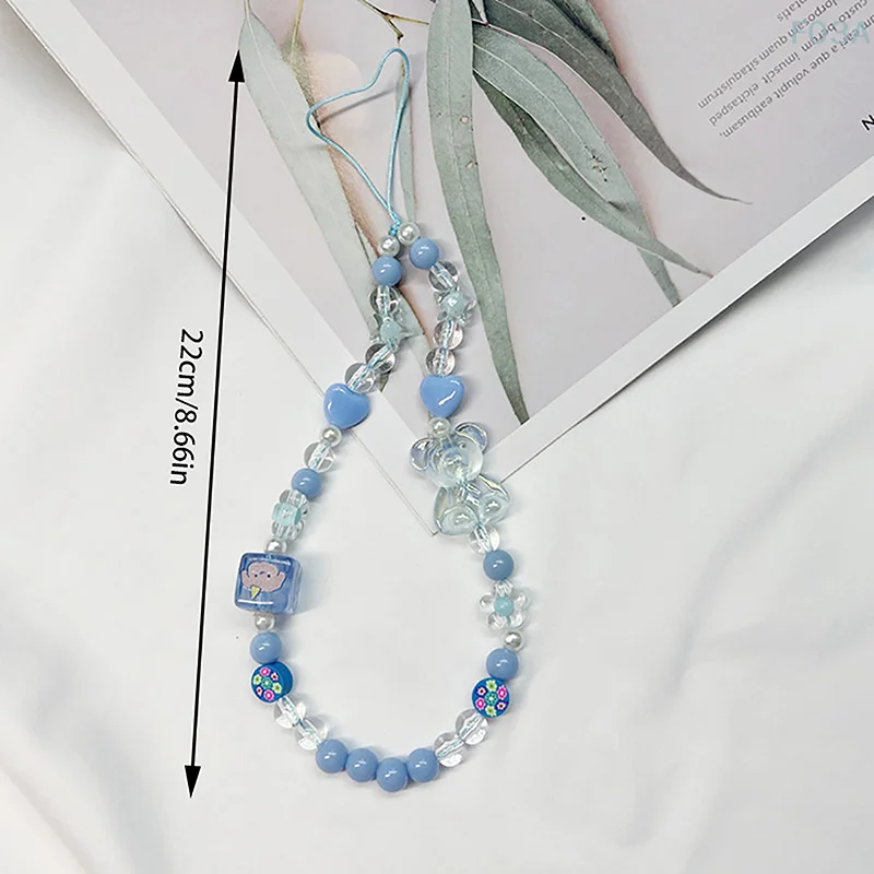 Cute Bear Bow Mobile Phone Rope Keychain Lanyard  Phone Beaded Chain Bracelet Anti-Fall Acrylic Color Chain Crystal Cute