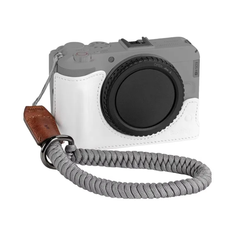 White Leather Half Camera Cage Kit Ergonomic Handle Wrist Strap for Canon R50 Mirrorless Video Shooting Accessory
