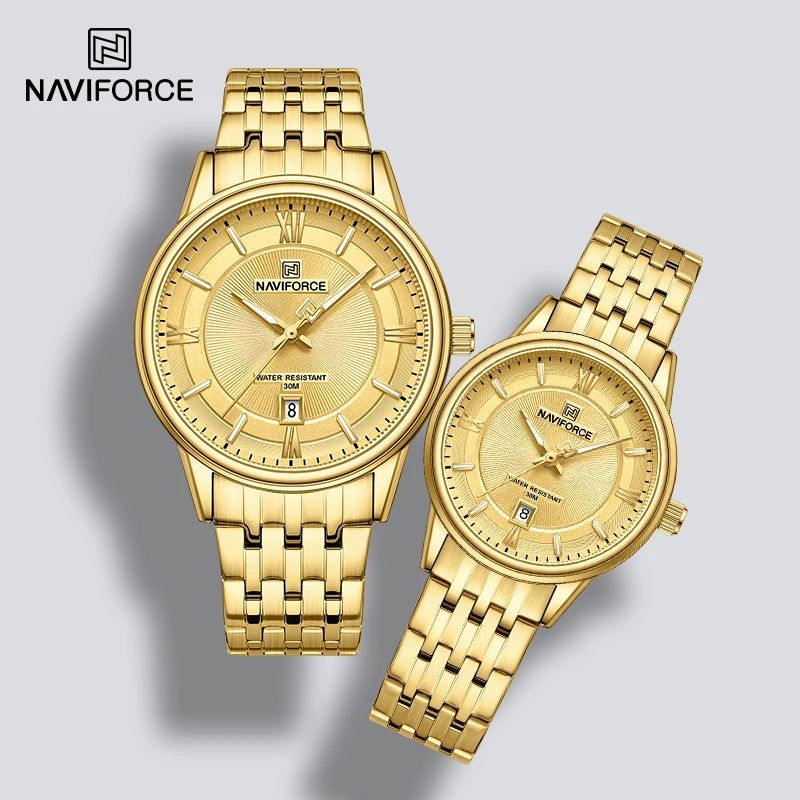 NAVIFORCE Classic Elegant Couple Watch Quartz Calendar Clock with Stainless Steel Band 3ATM Waterproof Fashion Lovers Wristwatch