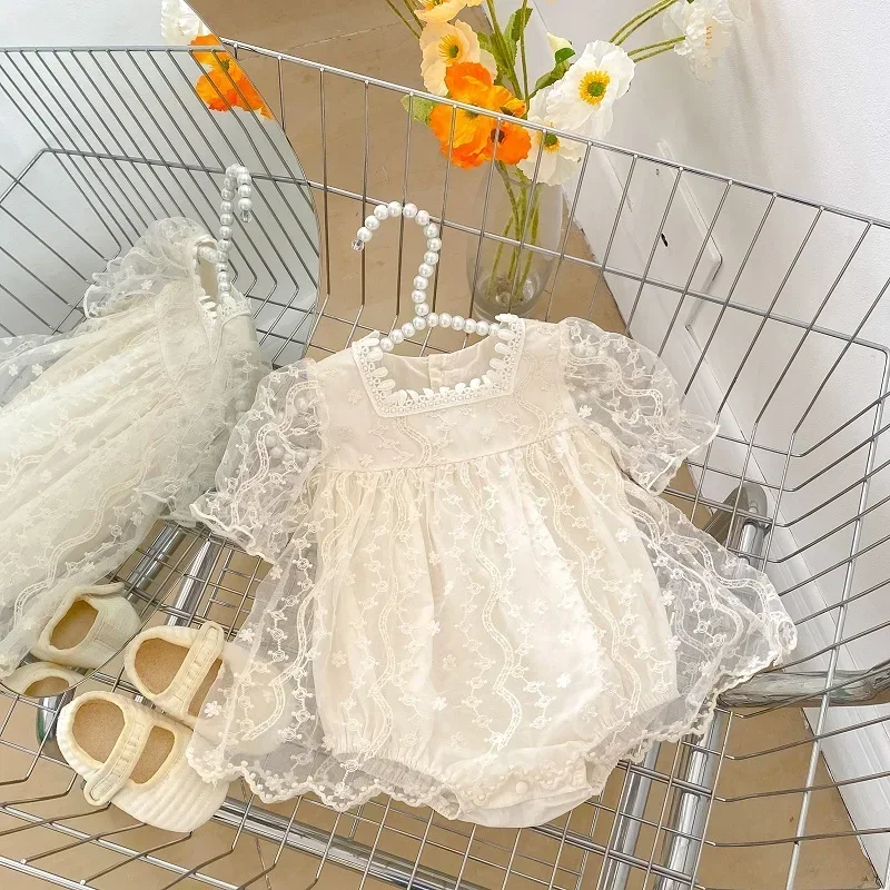 INS Newborn Baby Girl Romper 0-24Months Princess Kids Short Sleeve Lace Embroidery Flower Dress Bodysuit Outfits Summer Clothes