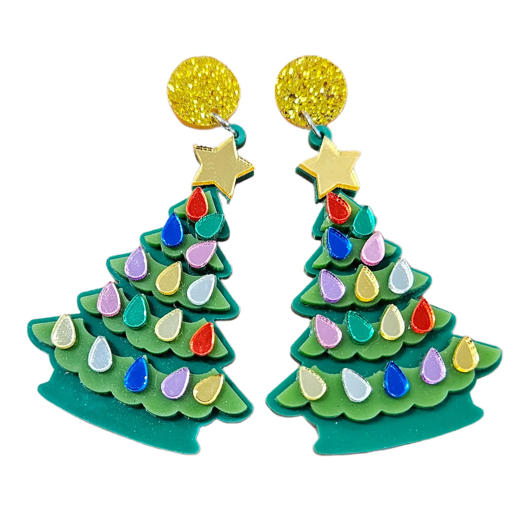 1 Pair Glitter Acrylic Christmas Tree Green Studs Earrings for Woman Small Bell Stars Pink Earring Jewelry Holiday Party Gifts