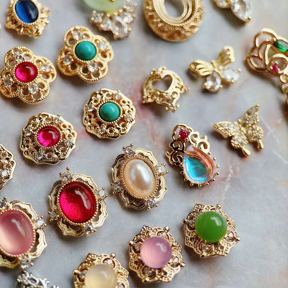 10pcs Retro Palace Round Oval Flowers Style Zircon Metal Nails Jewelry Decorations Nail Art Accessories Charms Parts Supplies