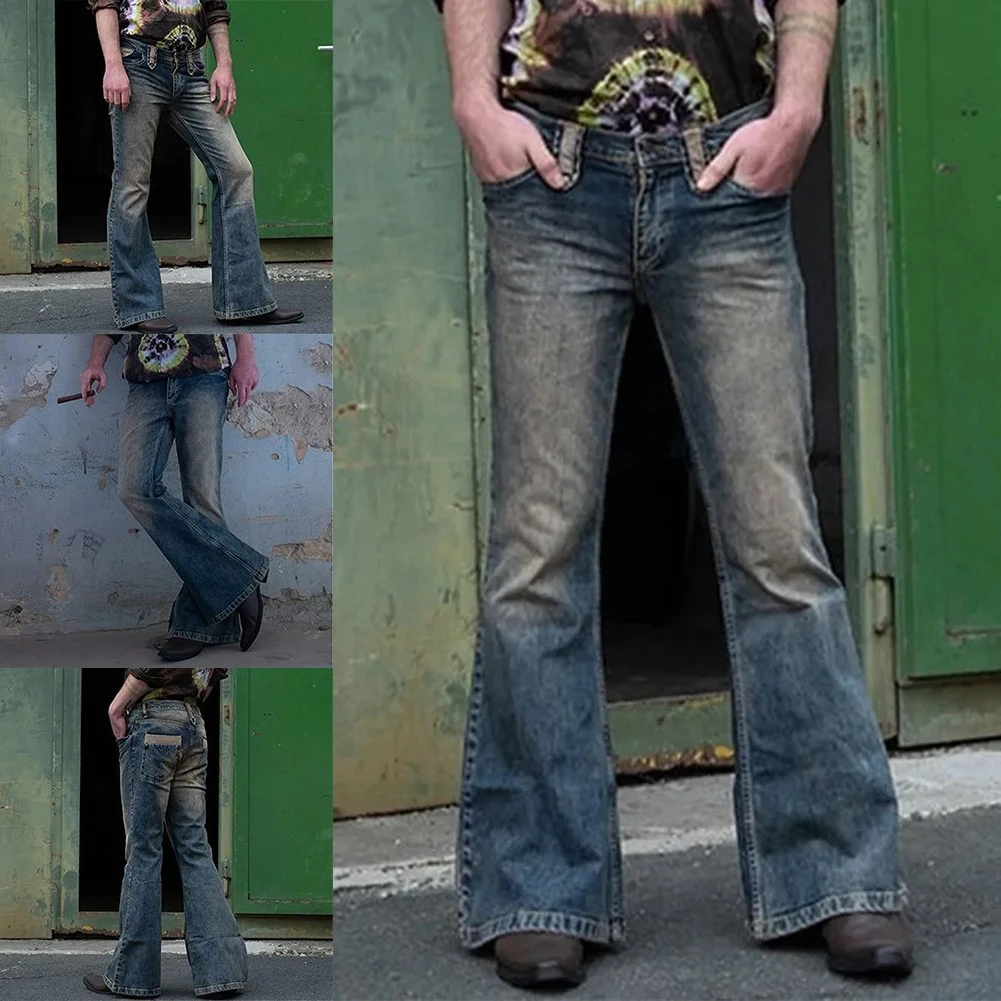 

Мужские расклешенные винтажные однотонные прямые джинсы, уличные брюки на пуговицах, мужские модные брюки, уличная одежда, сплошной цвет