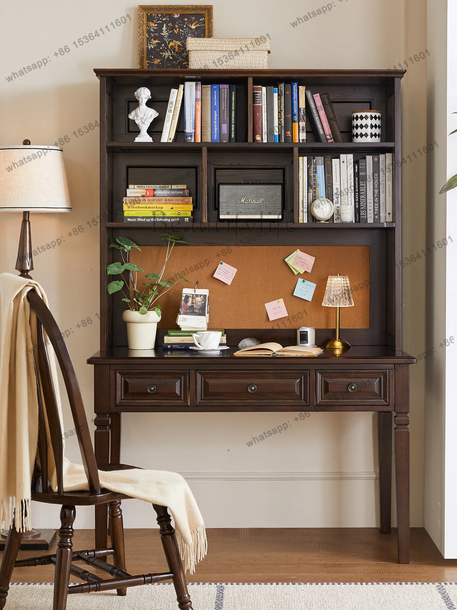 American all-solid wood desk and bookshelf integrated all-log writing desk