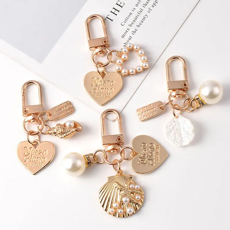 Cute Heart And Shell Shape Keychain For Women Faux Pearl Key Ring Pendant Bag Decoration Accessories