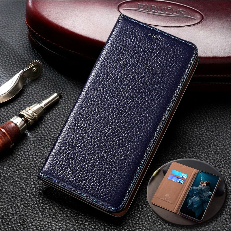 

For Huawei Enjoy 10 10S 10E 20 20E 50Z 60 60X 70 70X 70S Pro Plus Large Lychee Pattern Genuine Leather Flip Phone Case Cowhide
