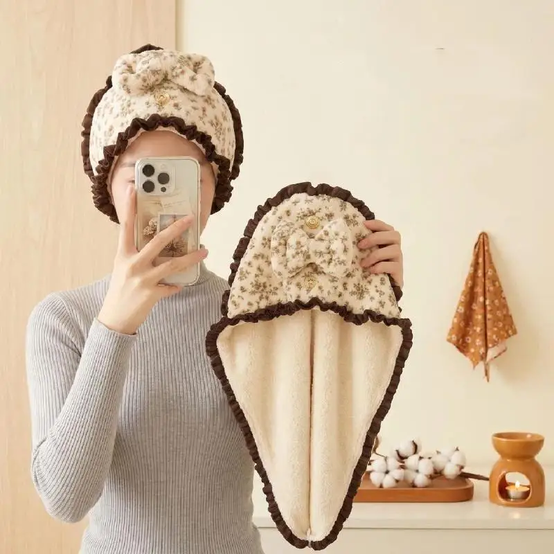 Floral Bow Coral Fleece Hair Wrap Cap Super Absorbent Quick Dry Hair Towel 4 Colors For Bathroom Shower Daily Hair Care