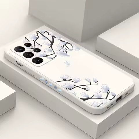 Plum Blossom Tree Branch Square Silicone Case For Samsung Galaxy A15 A35 A55 A14 A34 A54 A33 A53 S24 Ultra S23 FE S22 Plus Cover