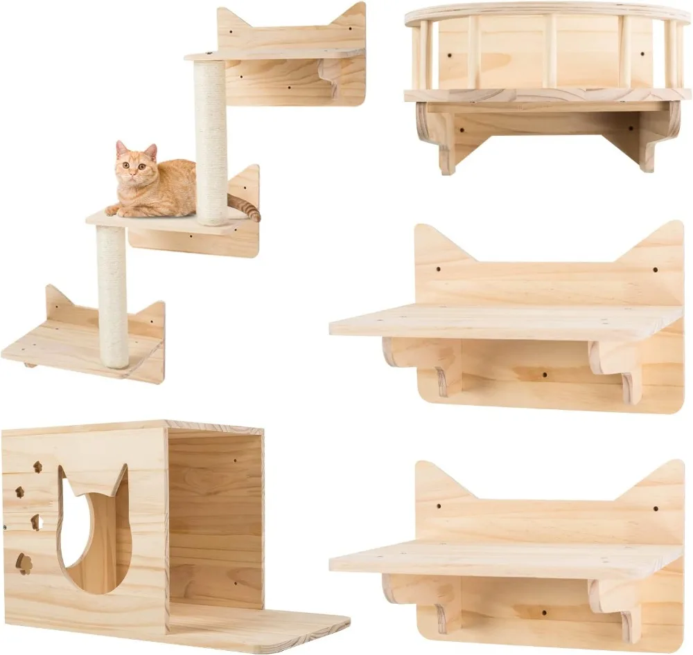 

Pine Cat Wall Frame for Climbing, Set of 5 Furniture, Shelves and Perches, House, Sisal Post Ladder, Steps and Travel