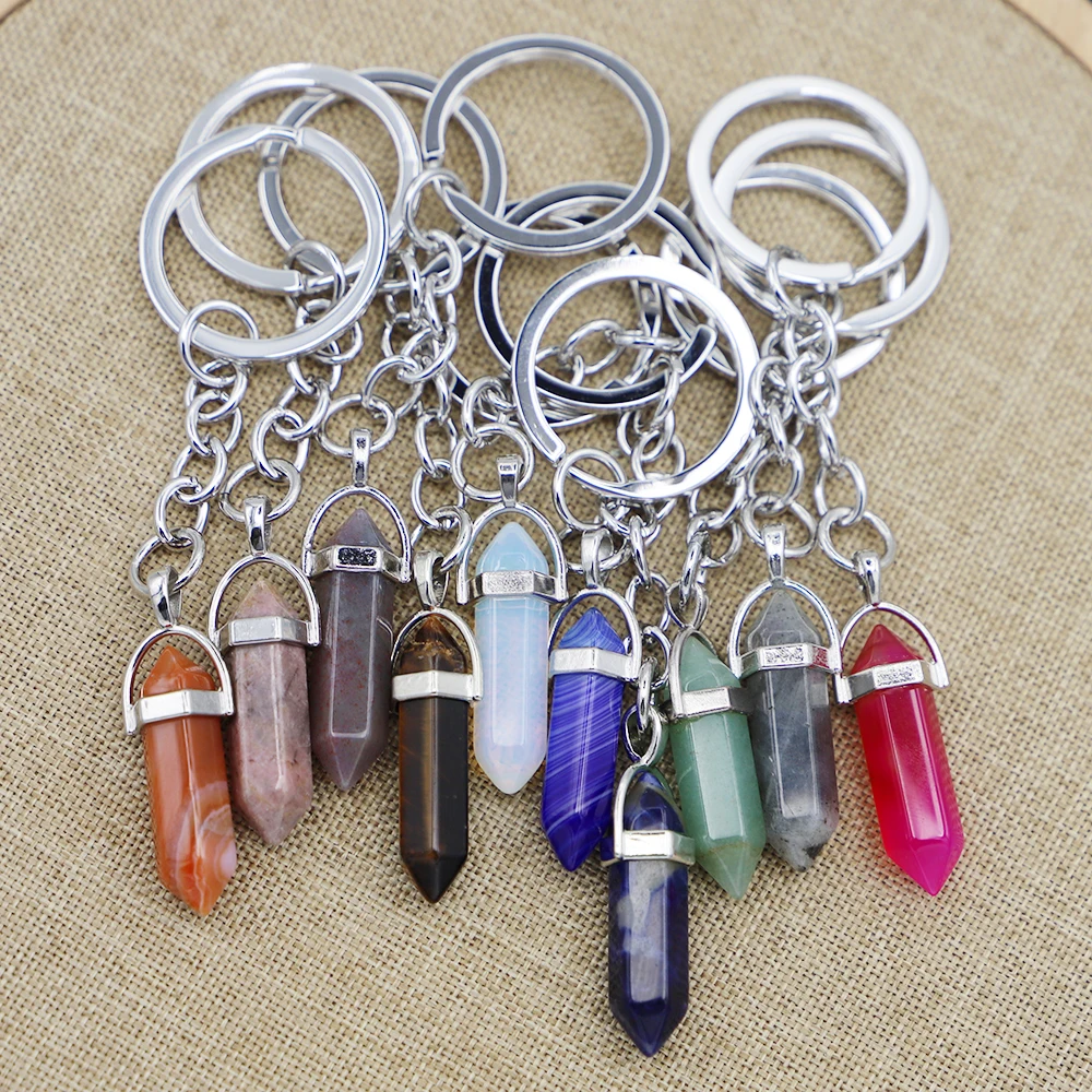 1Pc Trendy Hexagonal Column Shape Crystal Opal Natural Stone Pendant Keychain Accessories For Women Men Gift