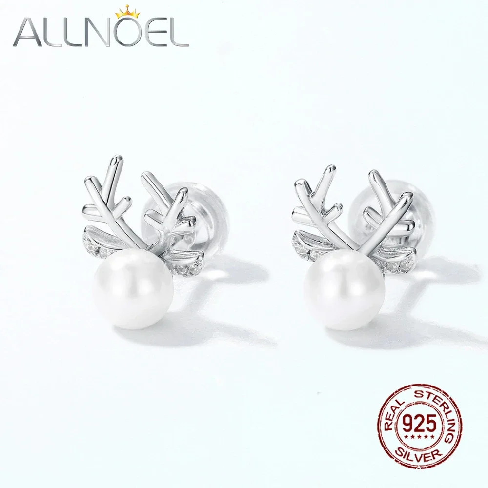 

ALLNOEL 925 Sterling Silver Antlers Animal Stud Earrings for Women 5-5.5mm Shell Pearl Reindeer Christmas Gifts Original Jewelry