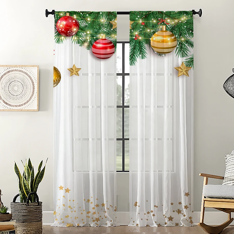 2PCS Christmas Sheer Curtains, Gold Red Ornament Garland, Digital Print, Bedroom Living Room, Rod Pocket Polyester, Home Decor