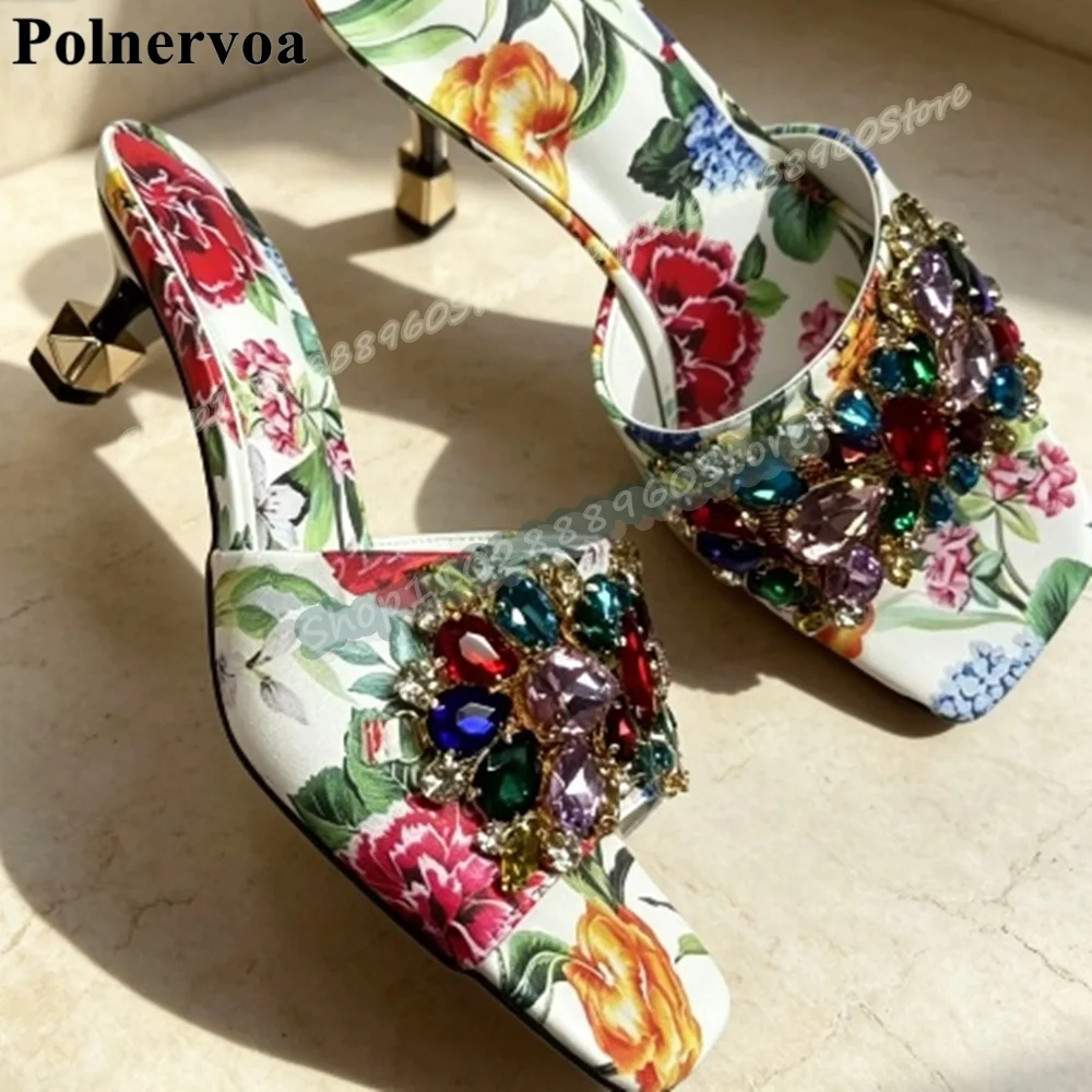 Mixed Flower Print Crystals Bling Slippers Block Heel Shoes For Women Slip On Open Toe Luxury Occidental Style Women Slippers
