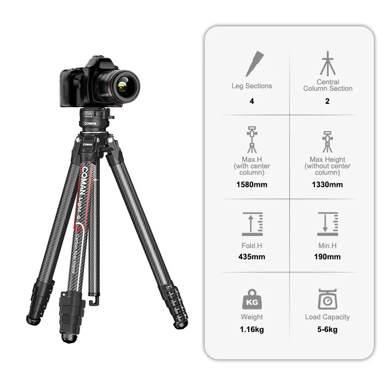 COMAN Light G Series Statyw z włókna węglowego Quick Arca Swiss Plate Głowica kulowa Statyw podróżny do lustrzanek cyfrowych na zewnątrz Statyw Monopod