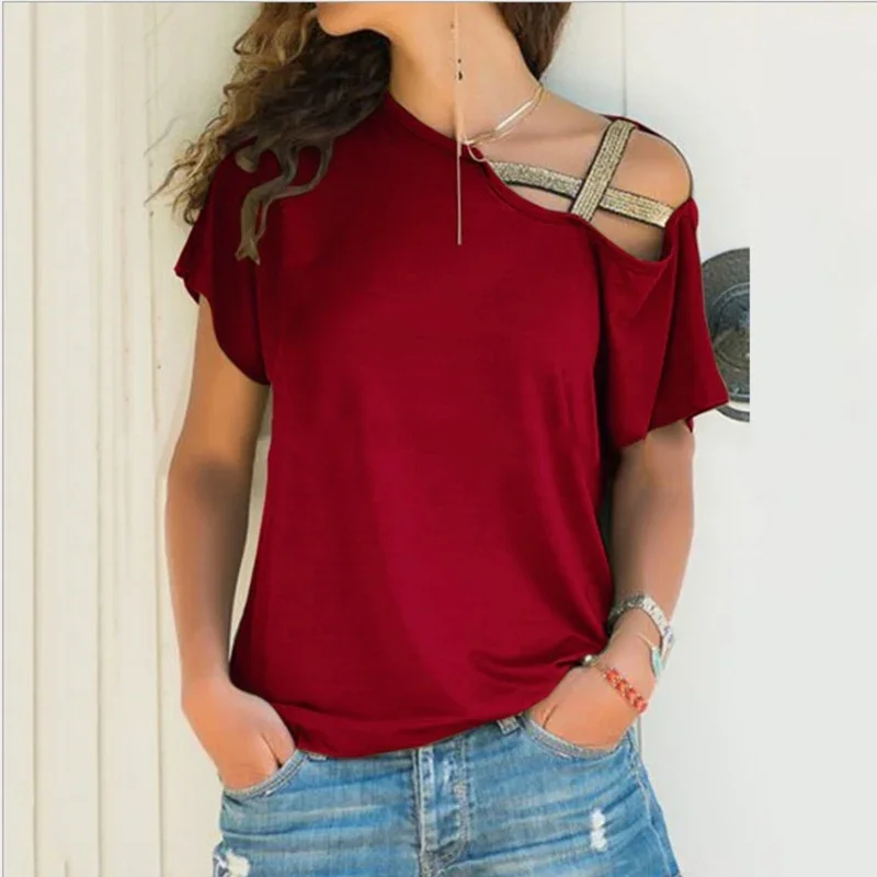 Women's oblique cut irregular collar rag cross shirt solid patchwork shirt blouse one shoulder summer hollow shirt        -CH19