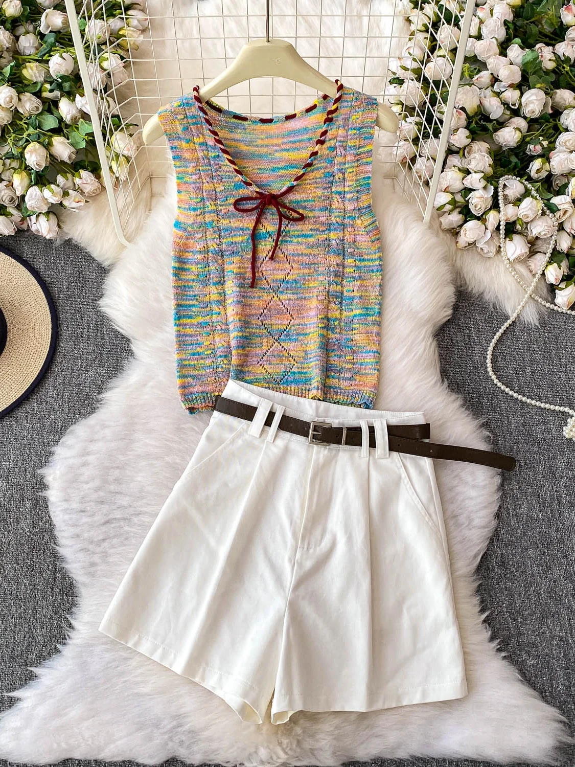 Sweet Spicy Girl Design Knot V-ne Svel Knitted Vest High Waist Wide Leg Jeans Set Women's Faion Two-piece Suit