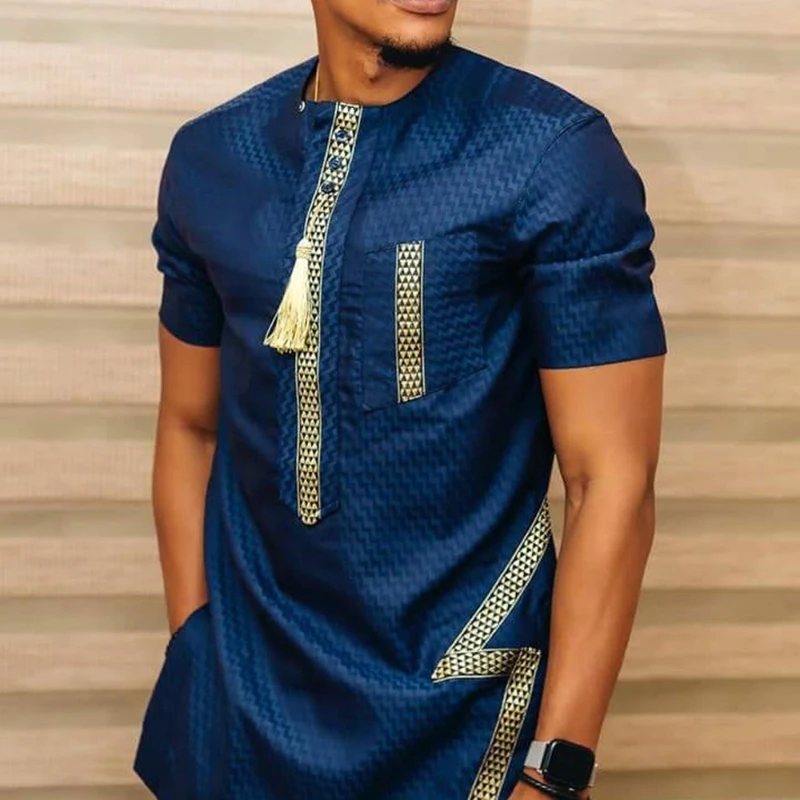 African Men Shirt Top Traditional Ethnic Round Collar Short Sleeves Shirts Print Tassels 2025 Summer Casual Business Africa Tops