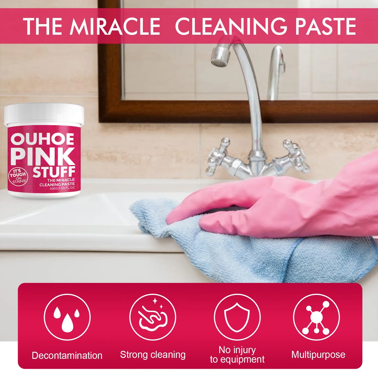 Mild multifunctional cleaning cream for home cleaning removes heavy oil stains from kitchen. General pink barreled cleaning powd