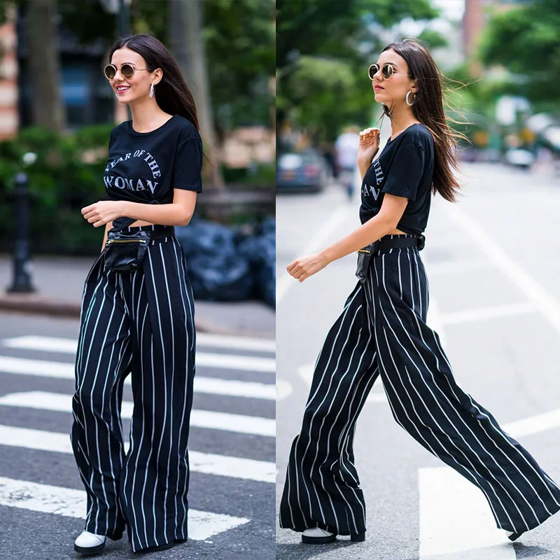 

Slimming Vertical Stripes High Waist Wide Leg Casual Pants Women's Street Style Straight Cut Trousers Fashionable plus Size