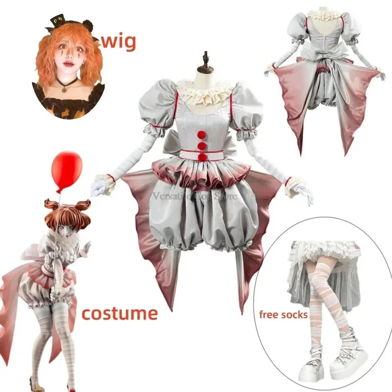 

Movie Clown Pennywise Cosplay Costume Genderswap Halloween Horror Lolita Dress Up Women Fantasy Dress Carnival Party Full Set