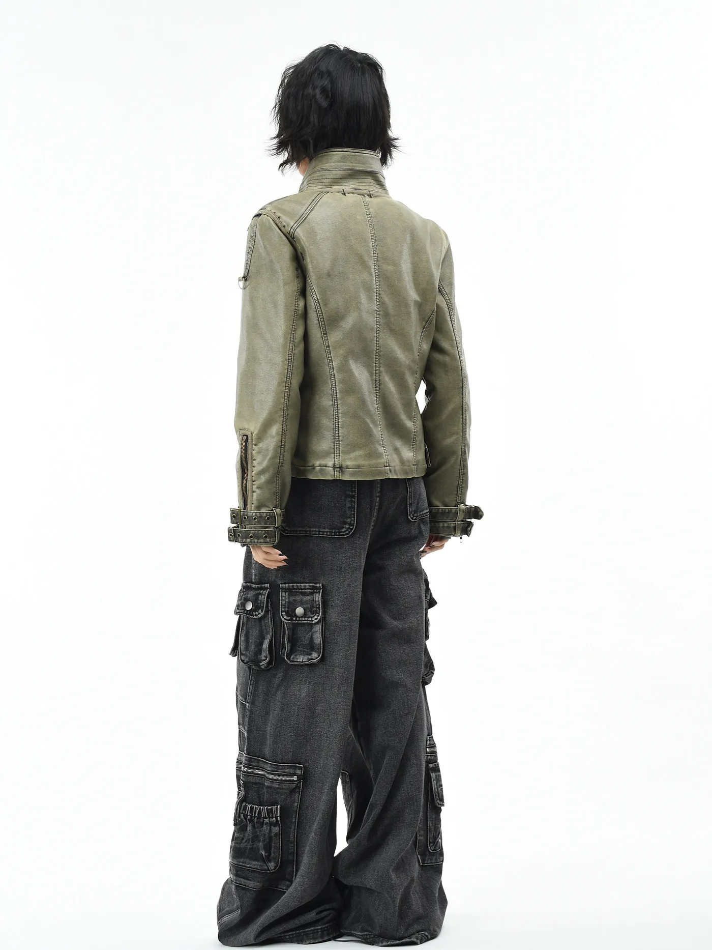 Outono inverno estilo punk americano gola workwear jaqueta de algodão verde para mulheres rebites cinza jaqueta de couro do plutônio