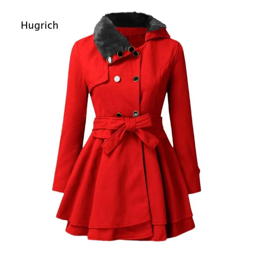 Women Wool Blend Coat With Faux Fur Collar Double Breasted Design Self Tie Waist Belt For Cold Weather Autumn Winter Daily Wear