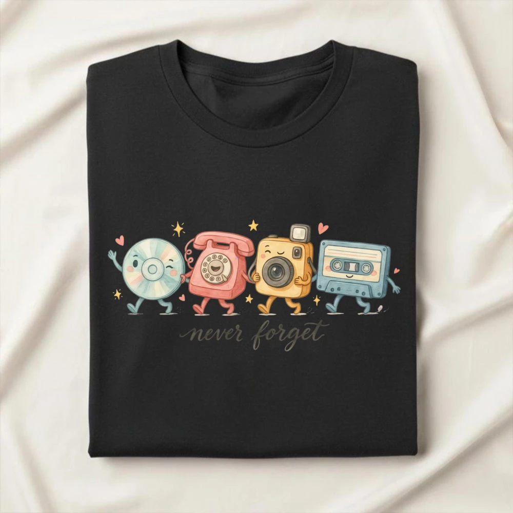 Never Forget Cute Old Phone Camera Tape Cartoon Unisex Tee Trendy 90's Vibe Street Short Sleeve Top Vintage Gadget Cotton Tshirt