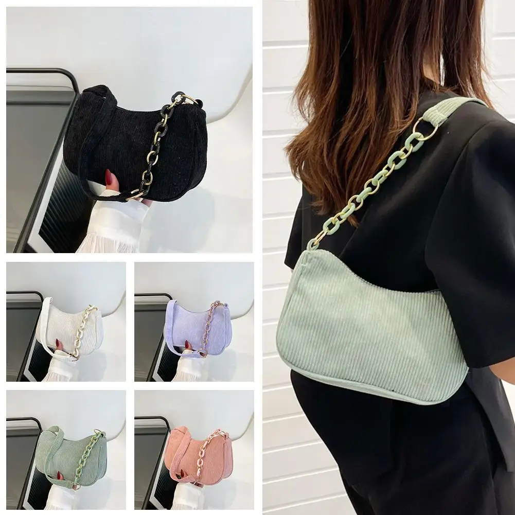 2024 New Corduroy Chain Shoulder Bag For Women Cotton Cloth Versatile Handbag Solid Color Trendy Bag With Acrylic Chain V6q6