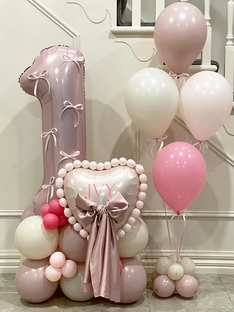 32-Zoll Rosa Schleifenballon Perlmuttfarbener Rosa Zahlen-Folienballon Rosa Schleife Geburtstag Verspielte Themenparty-Dekorationen