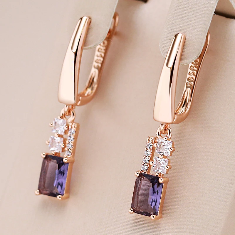 Kinel Hot 585 Rose Gold Color Long Dangle Earrings For Women Square Purple Natural Zircon Accessories Party Daily Fine Jewelry