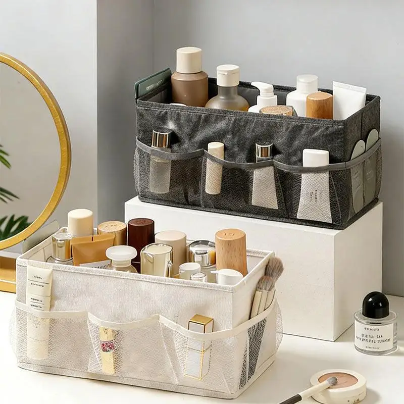 ~Linen Fabric Cosmetic Organizer With Multiple Mesh Pockets Large Capacity Perfect For Vanity Desk Bathroom Storage
