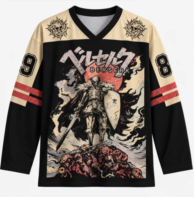 Berserk Skull Knight Long Sleeve Hockey Jersey Men Women Oversized Streetwear V-neck Retro Anime Graphic Jersey