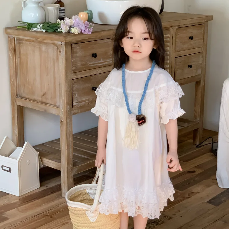 Girls Summer Dress 2024 New Korean Fashion Childrens Dress Lace Girls Dress Toddler Girl Sweet Cute Gentle Clothes