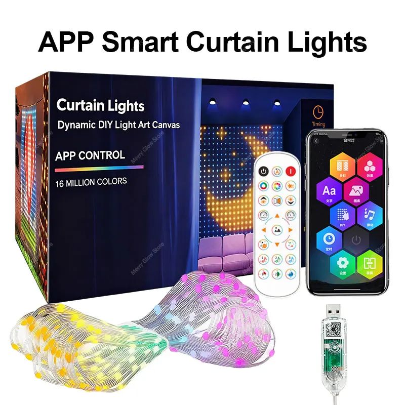 USB Led Smart Curtain Lights Bluetooth App Led String RGB Fairy Lights DIY Music Lights Party Window Curtain Bedroom Decoration