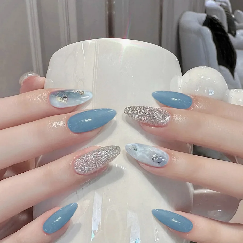 24Pcs Mid-length Almond Press on Nails with Shiny Powder Design Reusable Full Cover Fake Nails Tips Blue Gradient False Nail Art